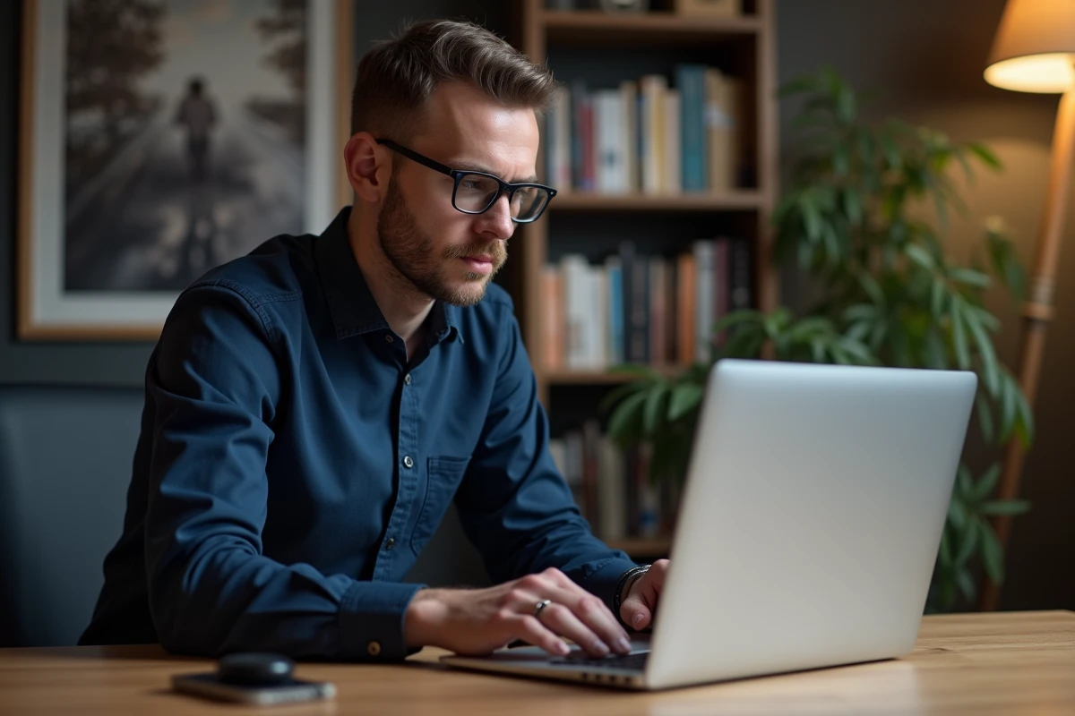 Homme concentré travaillant sur photo edition dans un bureau moderne
