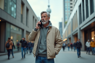 Homme d'âge moyen parlant au téléphone dans la ville
