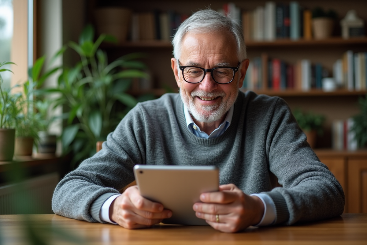 Homme senior souriant utilisant une tablette dans un intérieur chaleureux