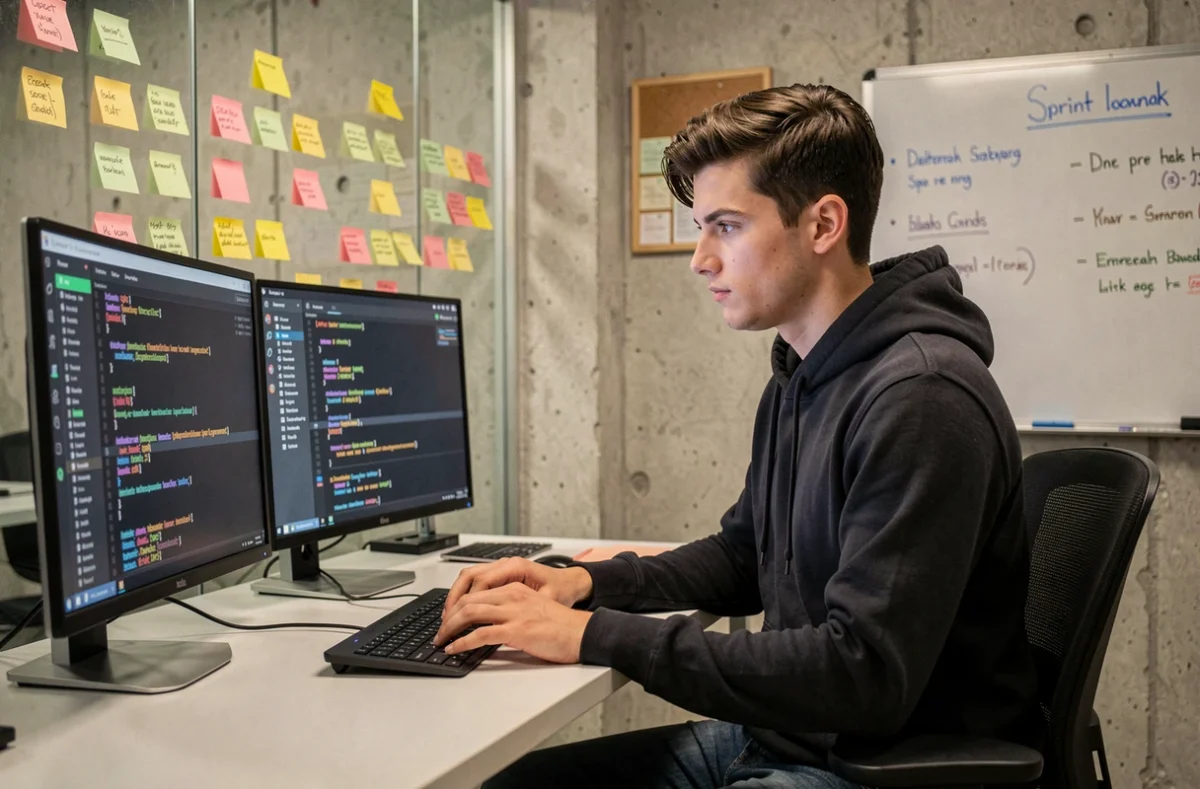 Développeur Inops concentré sur l'écriture de code d'infrastructure dans un bureau agile avec tableau kanban