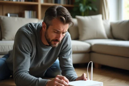 Homme inspectant un routeur Bouygues affichant un code erreur F3411 dans un salon moderne