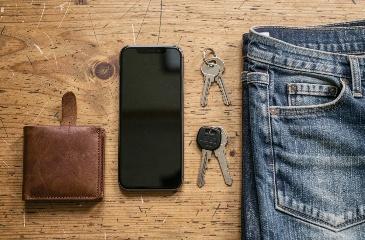 Vue du dessus comparant les dimensions de l'iPhone 15 Plus avec un portefeuille, des clés et un jean slim posés sur une table en bois