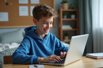 Adolescent en hoodie bleu utilisant un ordinateur portable dans sa chambre