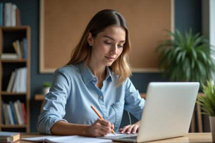 Jeune femme au bureau prenant des notes sur son ordinateur