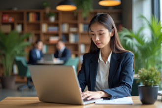 Jeune femme professionnelle travaillant sur un ordinateur dans un bureau moderne