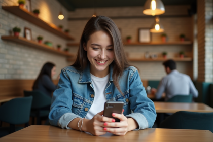 Jeune femme souriante avec téléphone dans un café cosy