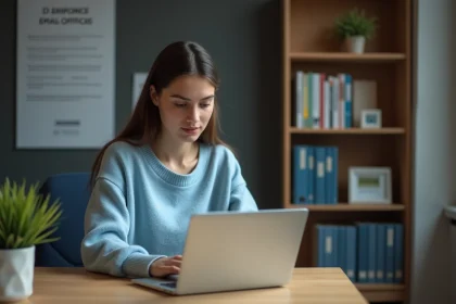 Jeune femme en sweater bleu configure ses emails sur un ordinateur