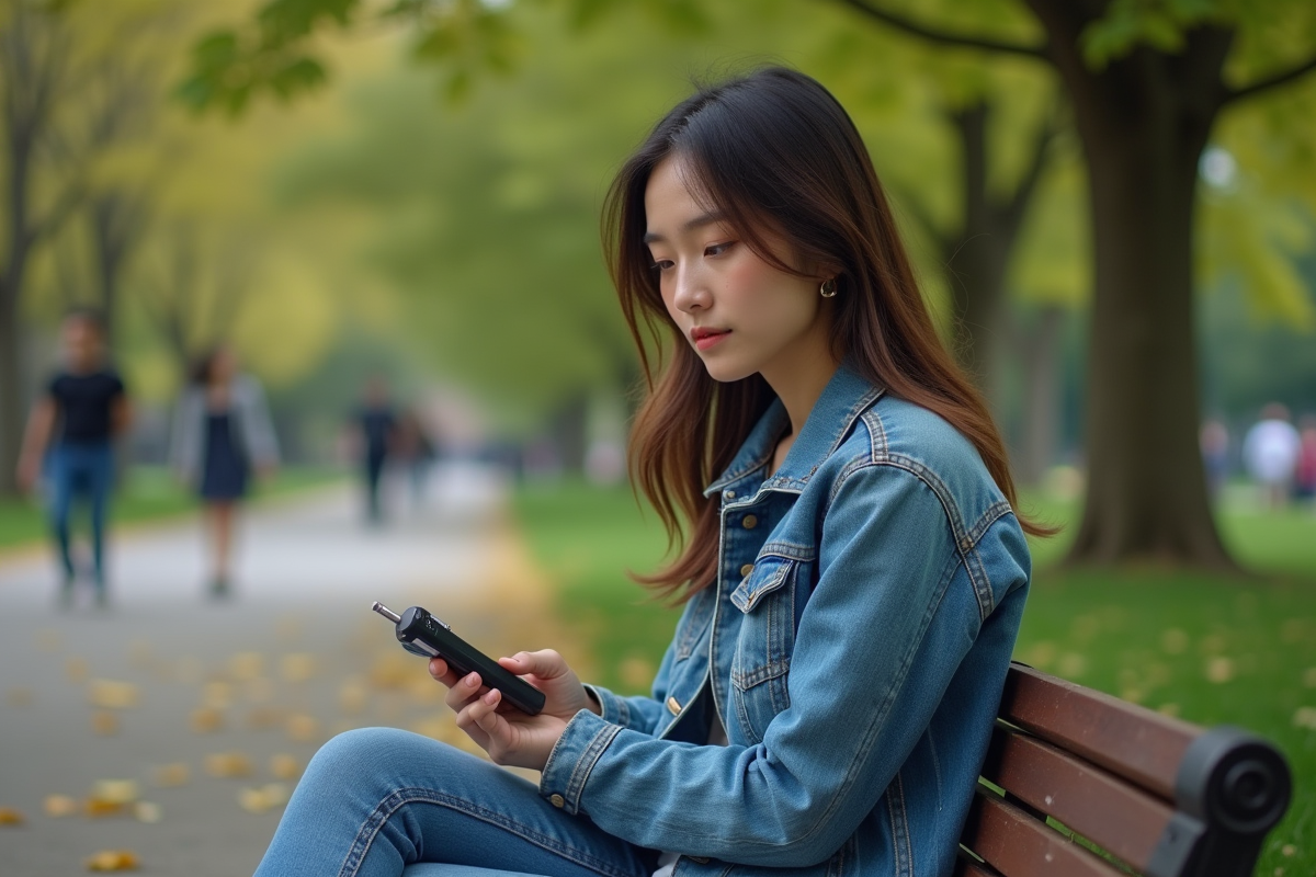 Une jeune femme en parc enregistrant sa voix avec un dictaphone