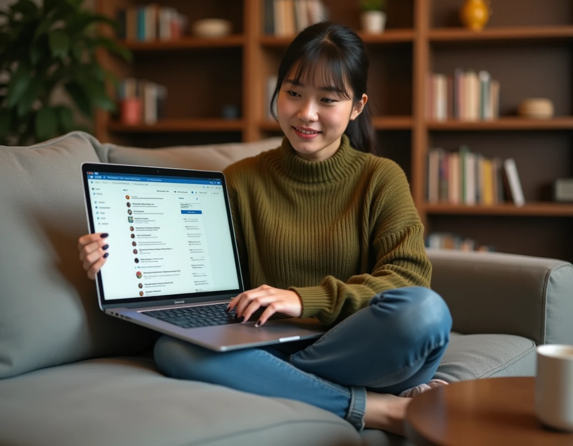 Jeune femme gérant ses emails webmail depuis son domicile sur un canapé confortable avec un ordinateur portable