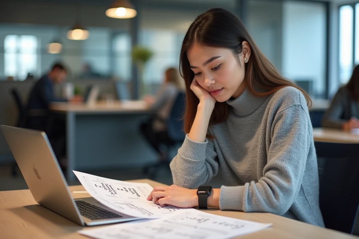 Jeune femme comparant des feuilles Excel dans un espace de travail moderne