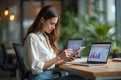 Jeune femme planifiant ses posts sur une tablette dans un bureau moderne