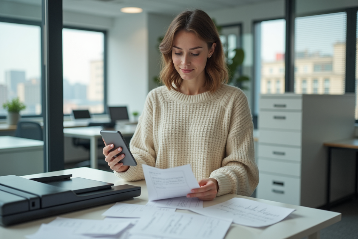Jeune femme scannant des notes françaises avec smartphone