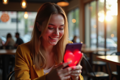 Jeune femme souriante avec smartphone et emoji cœur dans un café lumineux