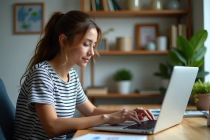 Jeune femme en t-shirt ray&eacute; chargeant une image sur son ordinateur