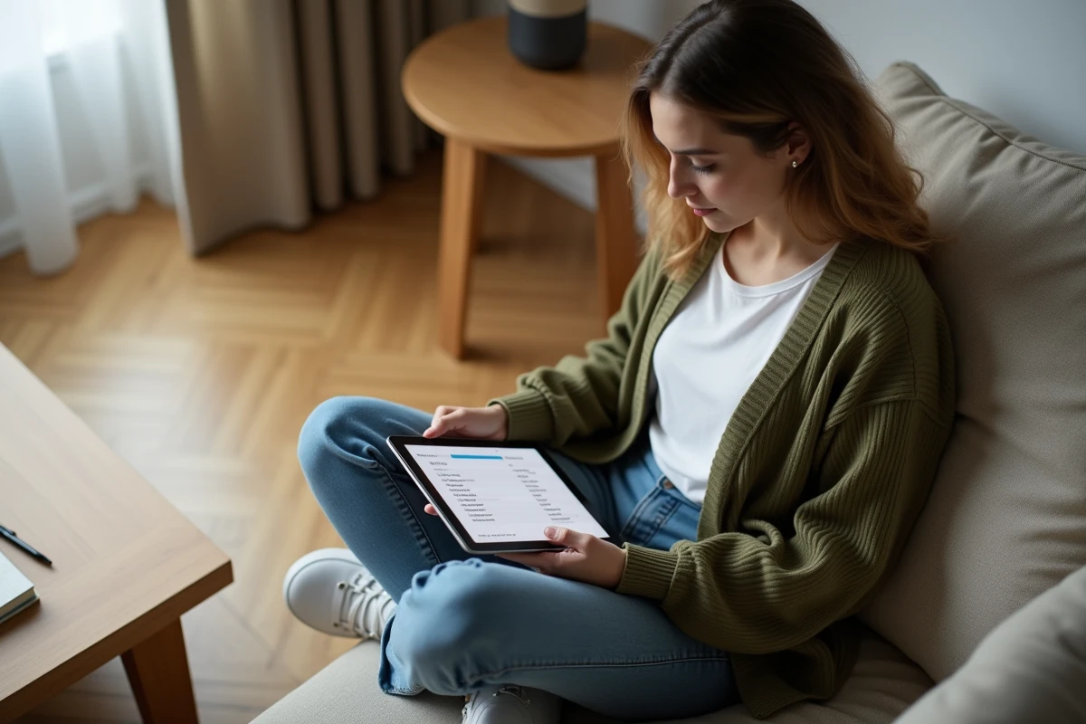 Jeune femme vérifiant le nombre de signes d'un texte en français sur une tablette, assise dans un salon cosy avec un carnet de notes à portée de main