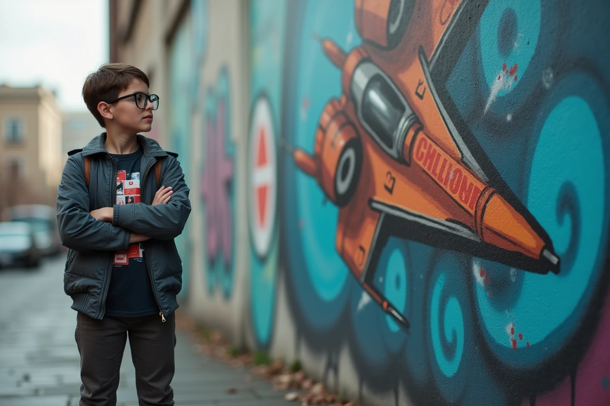 Fille regardant un mur graffité avec un vaisseau spatial en barrel roll