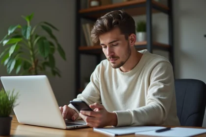 Jeune homme compare deux applications sur son ordinateur