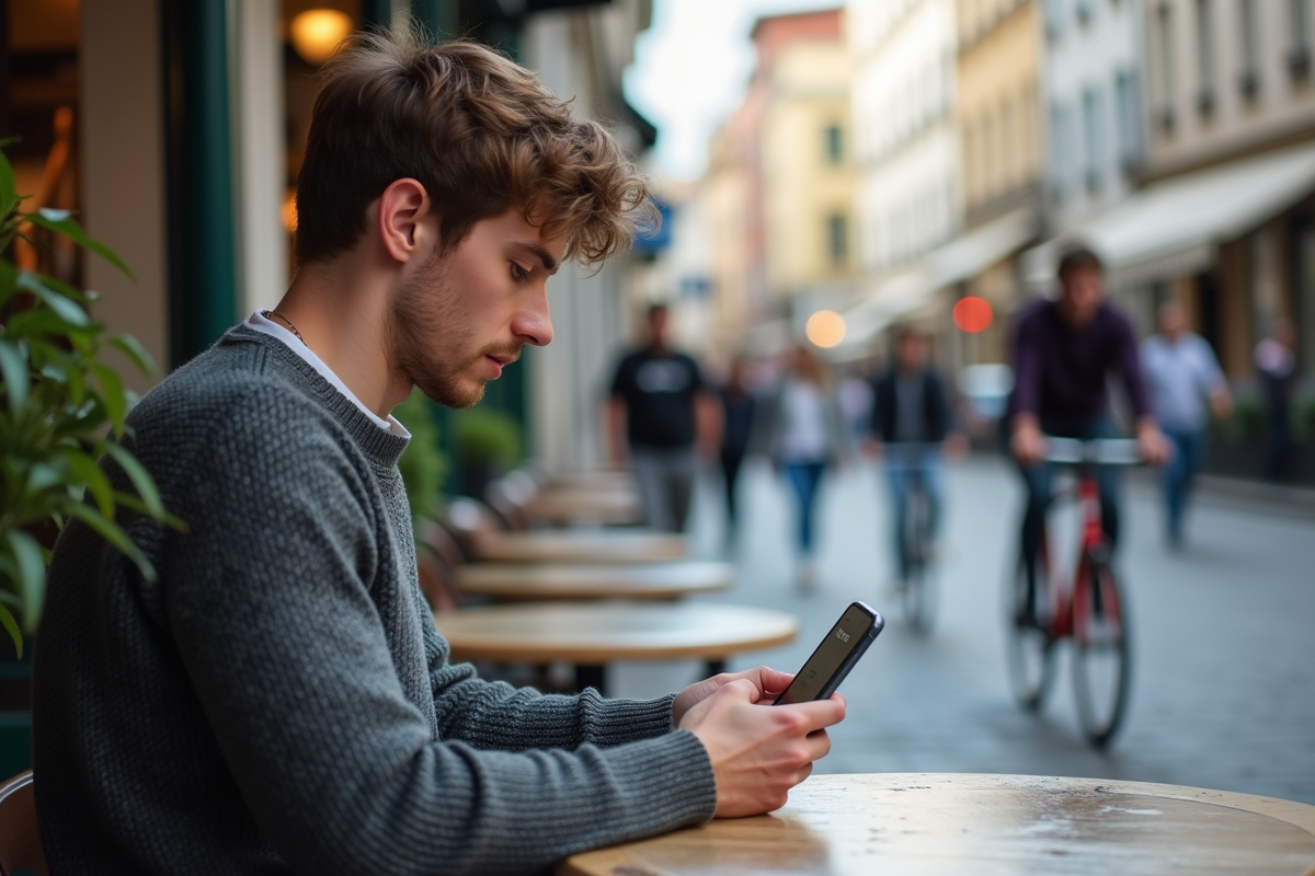 Jeune homme lisant un email dans un café en ville