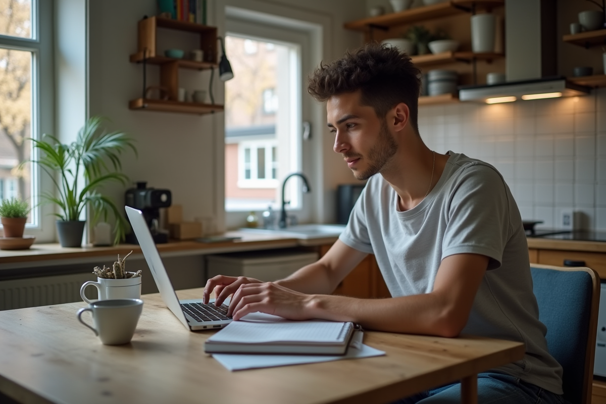 Jeune homme en coding dans une cuisine modeste