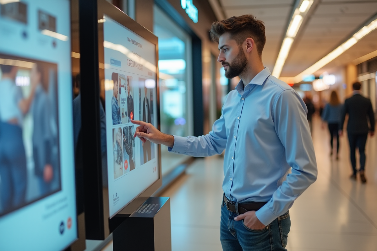 Jeune homme utilisant un kiosque interactif en centre commercial