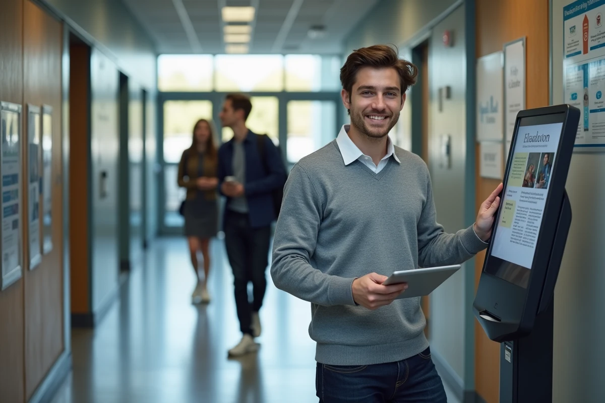Jeune homme aidant avec une tablette dans un hall universitaire