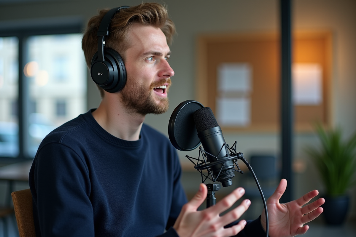 Jeune homme parlant dans un micro en coworking