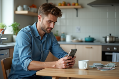 Jeune homme regardant son smartphone dans la cuisine moderne