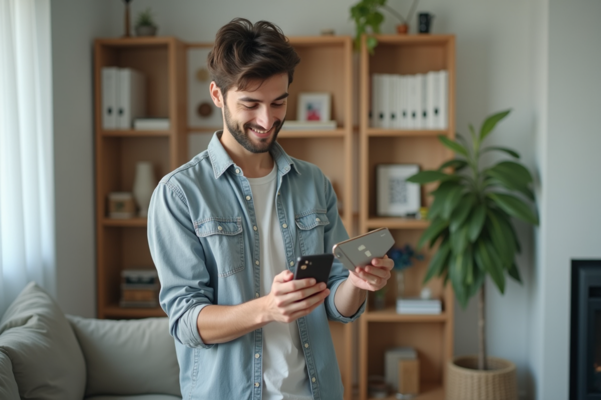 Jeune homme tenant son téléphone dans un salon lumineux