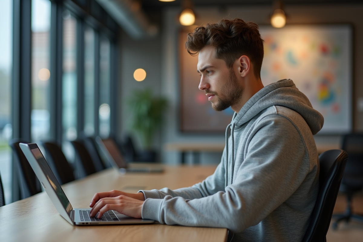 Jeune homme concentré travaillant sur son laptop dans un espace coworking