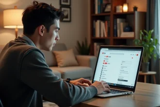Jeune homme concentré sur réglages YouTube à son bureau