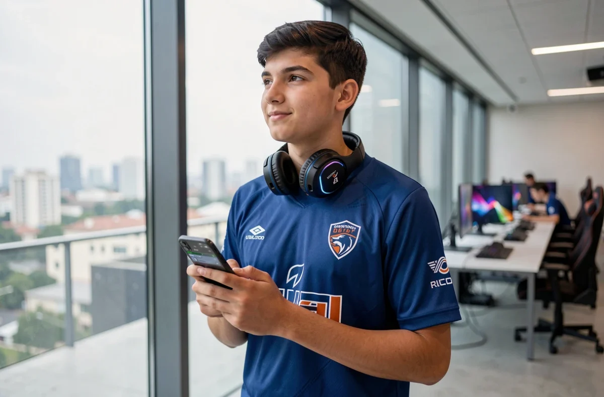Jeune joueur de League of Legends dans un centre esports professionnel, symbolisant l'avenir et la croissance de la communauté LoL d'ici 2026