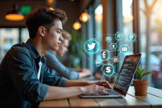 Jeune professionnel utilisant un ordinateur dans un café avec hologrammes de réseaux sociaux