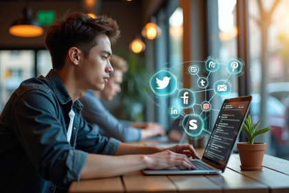 Jeune professionnel utilisant un ordinateur dans un café avec hologrammes de réseaux sociaux
