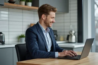 Jeune homme en blazer utilisant un ordinateur portable à la maison