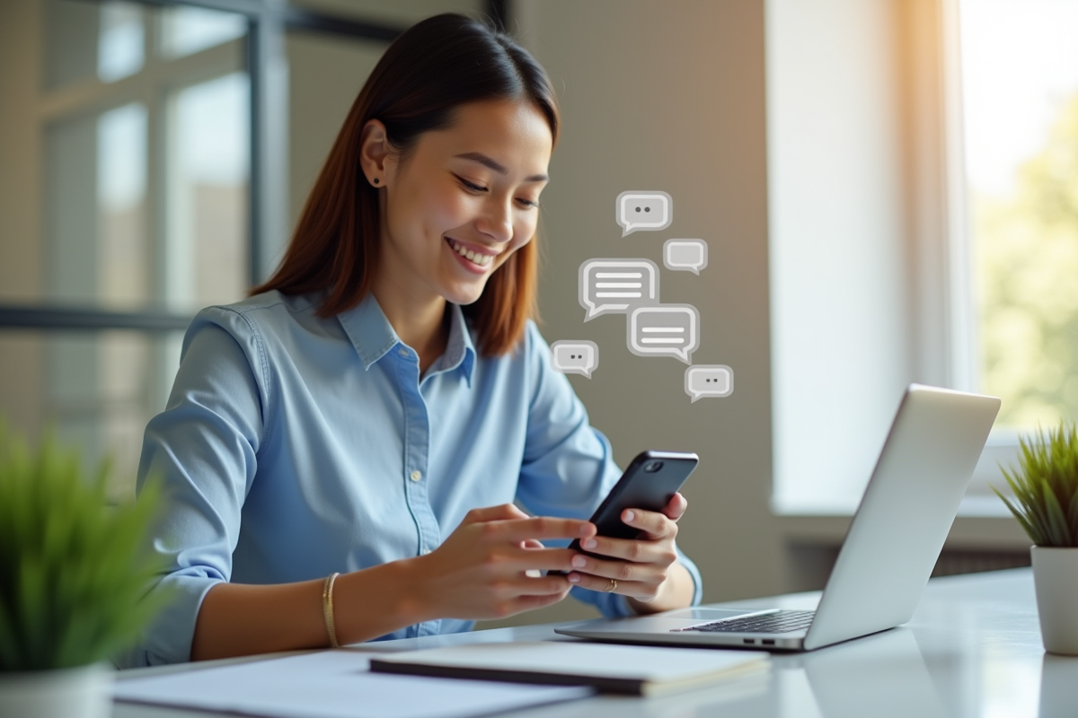 Jeune professionnel souriant envoyant un message groupé sur smartphone