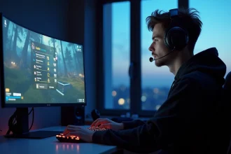 Joueur de CS2 concentré devant son écran affichant le classement des rangs compétitifs, setup gaming moderne