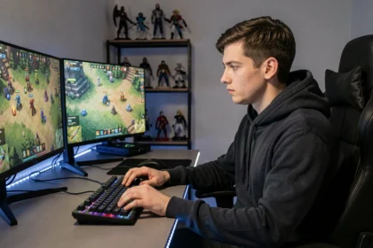 Joueur de League of Legends concentré devant ses écrans dans un setup gaming moderne, illustrant l'évolution du nombre de joueurs d'ici 2026