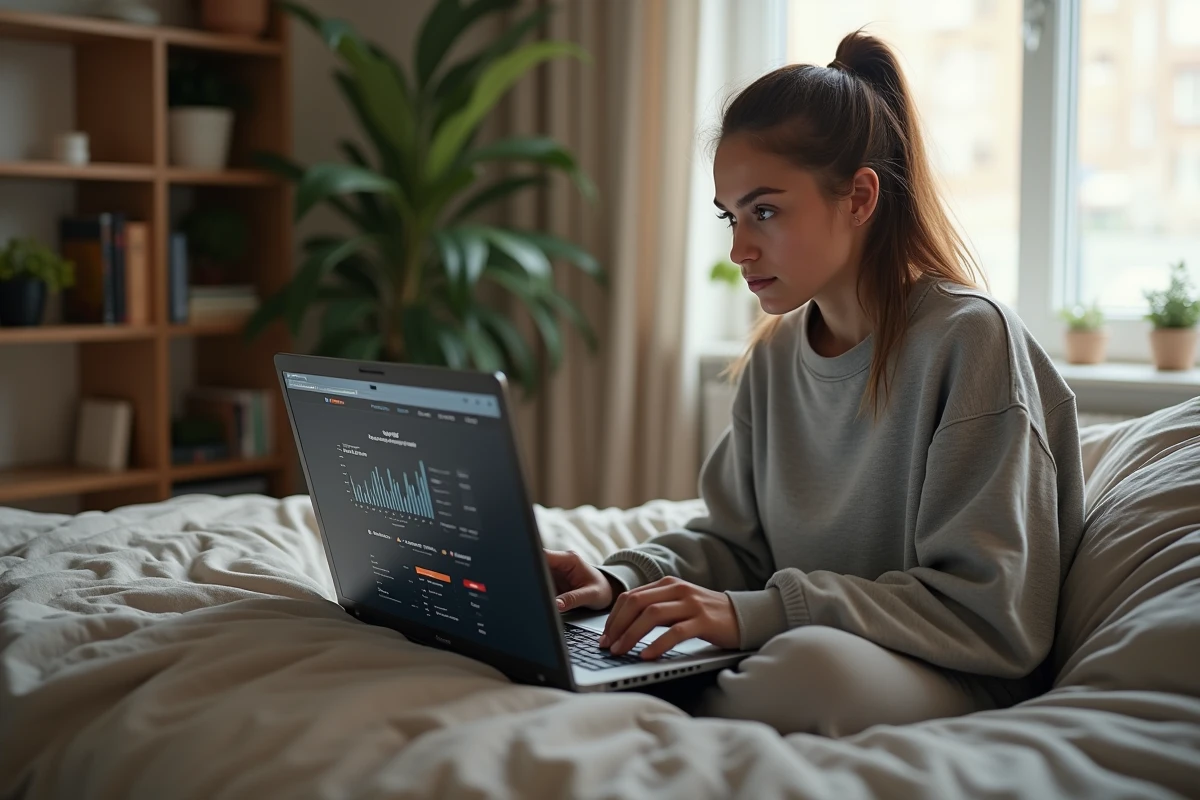 Joueuse réfléchissant à la décision de rerank sur CS2, assise sur son lit avec un laptop affichant l'historique de rang