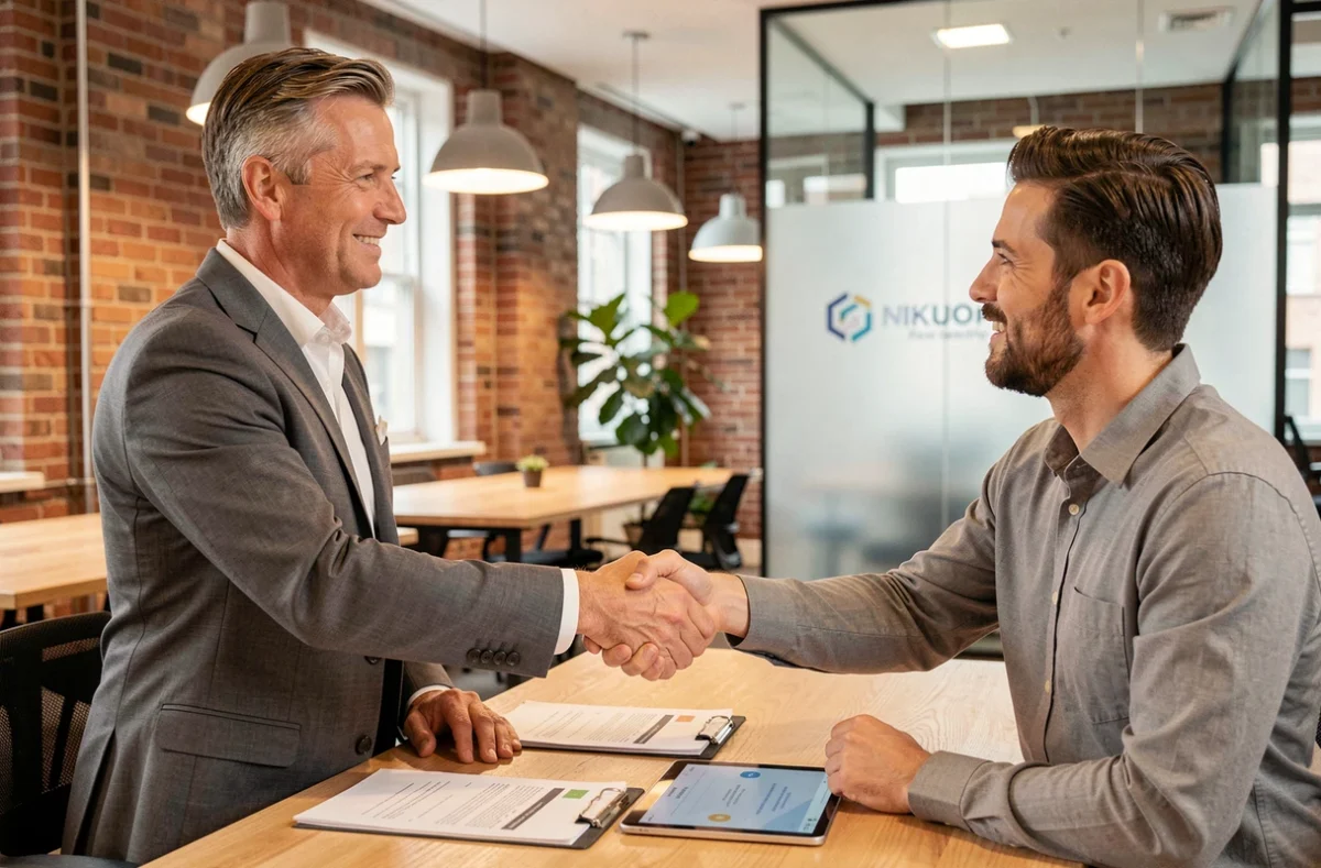 Responsable partenariats de LGA Partenaires concluant un accord avec un chef d'entreprise dans un espace de coworking moderne