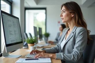 Femme professionnelle analysant les tarifs d'un logiciel emailing sur un écran d'ordinateur dans un bureau moderne