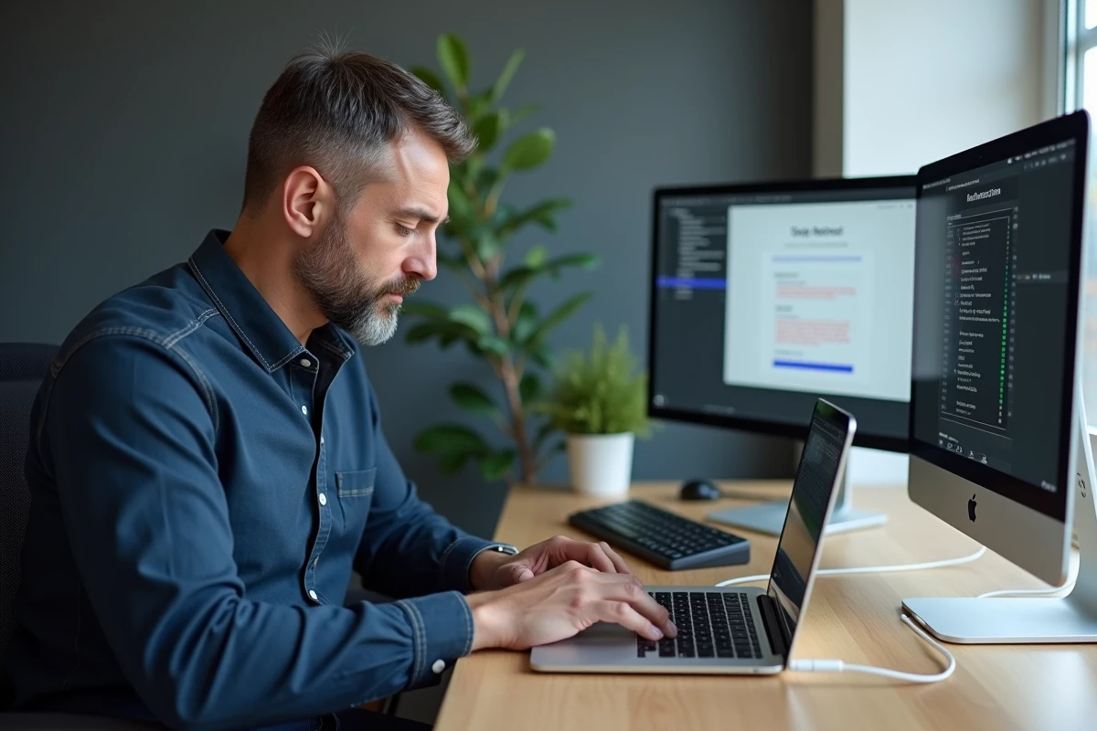 Homme utilisant un logiciel de récupération de photos sur MacBook connecté à un iPhone par câble USB