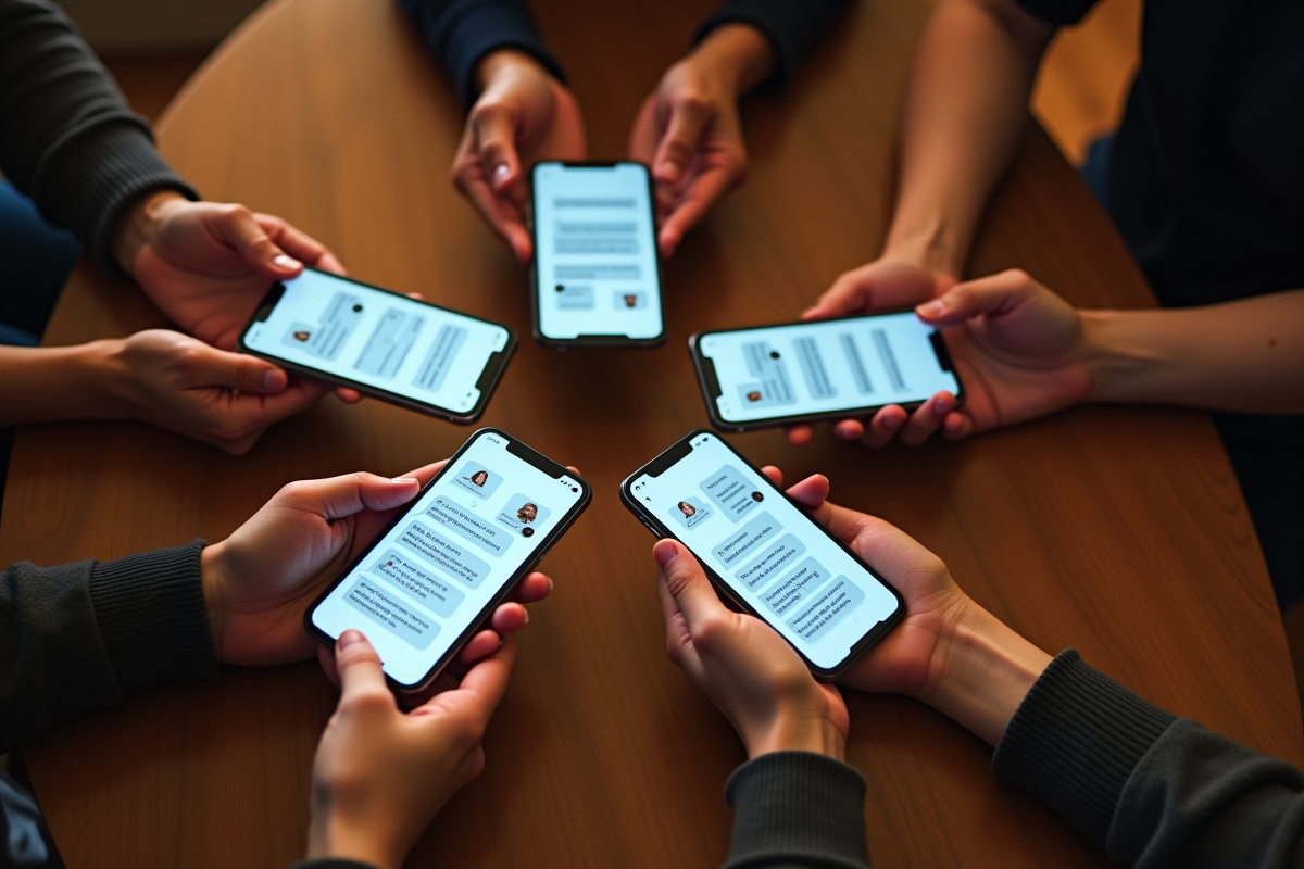 Plusieurs mains tenant des smartphones affichant une conversation de groupe