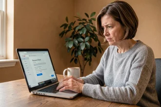 Femme à son bureau consultant un ordinateur portable pour récupérer un mot de passe oublié sur un service en ligne