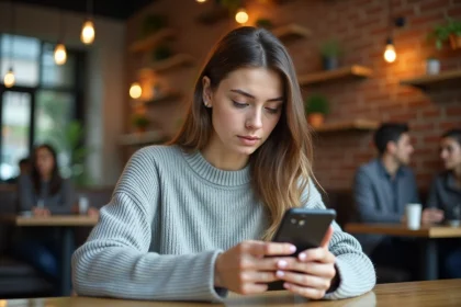 Jeune femme utilisant un navigateur web mobile sur smartphone Android dans un café moderne