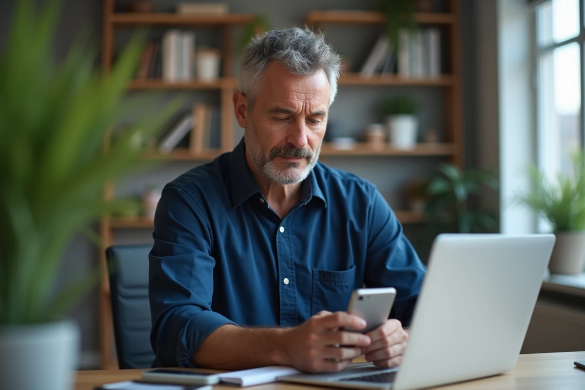 Homme gérant et nettoyant sa liste de contacts Messenger sur smartphone au bureau