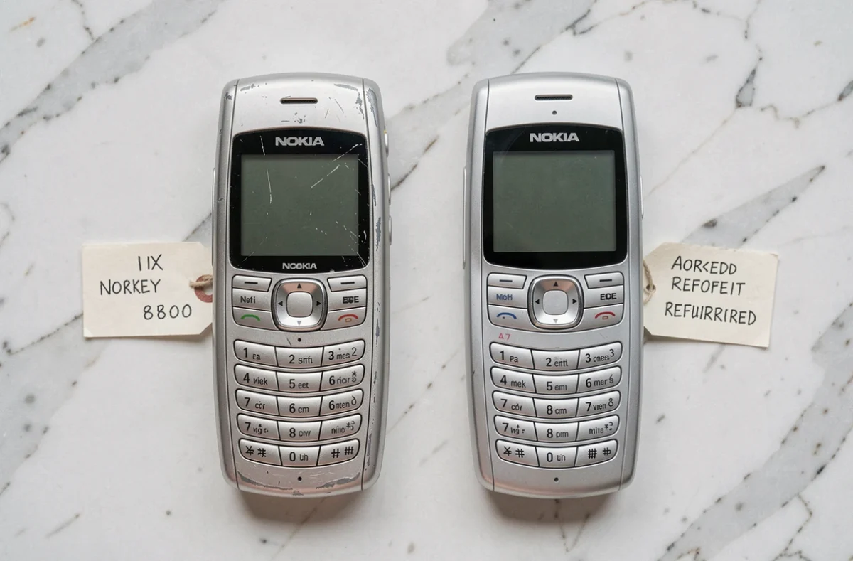 Comparaison côte à côte d'un Nokia 8800 d'occasion usagé et d'un modèle reconditionné quasi neuf sur marbre blanc