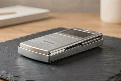 Nokia 8800 d'occasion en acier inoxydable posé sur une surface en ardoise sombre, vue rapprochée mettant en valeur le design métallique premium