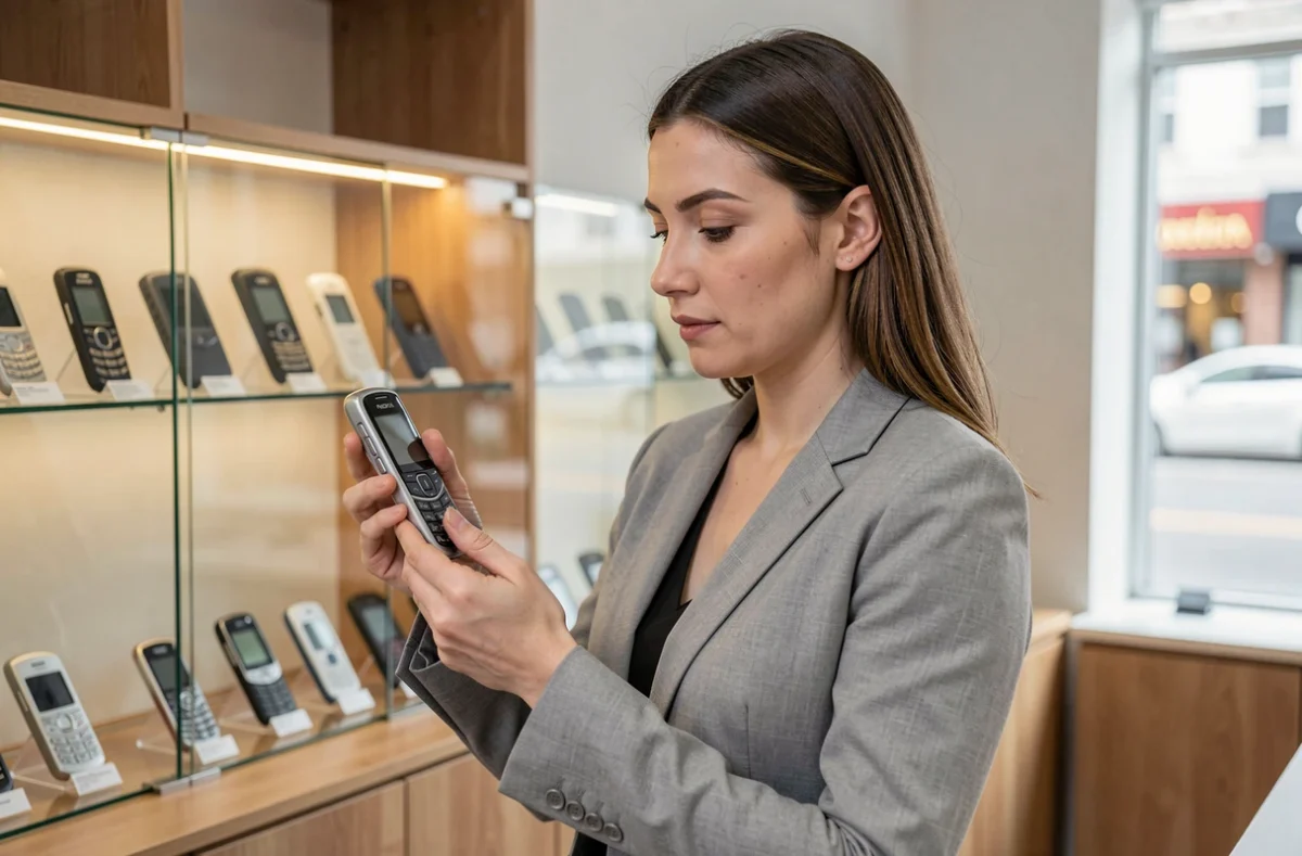 Femme inspectant un Nokia 8800 reconditionné dans une boutique de revente d'appareils électroniques vintage