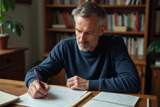 Homme passionné de sudoku concentré sur une grille de logique à son bureau en bois avec des notes manuscrites