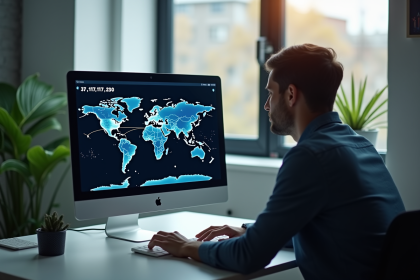 Personne travaillant sur un ordinateur avec une carte du monde et routes réseau